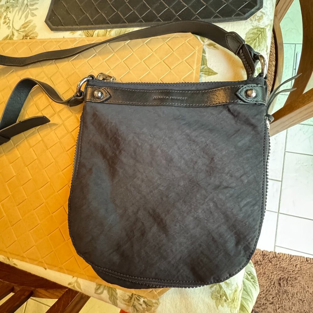Rebecca Minkoff Nylon Crossbody Purse Leather Trim Adj Strap Black 9" x 9" x 2"